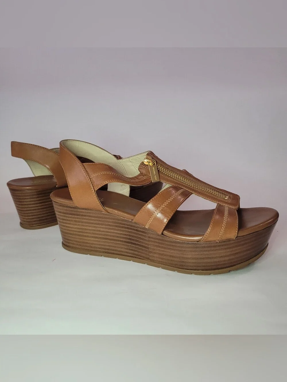 Michael Kors - Tan Leather Zip-Front Platform Wedge Sandals -  Size 10M
